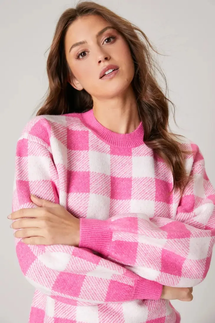 FAREWELL GINGHAM PINK AND WHITE PULLOVER SWEATER