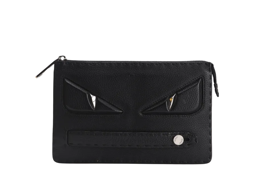 FENDI MONSTER CLUTCH (7VA350-8KL-169-0397) BLACK SILVER HARDWARE WITH CARD, DUST COVER AND BOX