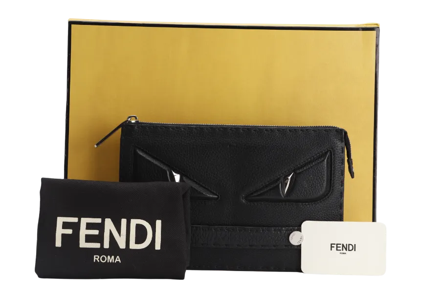 FENDI MONSTER CLUTCH (7VA350-8KL-169-0397) BLACK SILVER HARDWARE WITH CARD, DUST COVER AND BOX