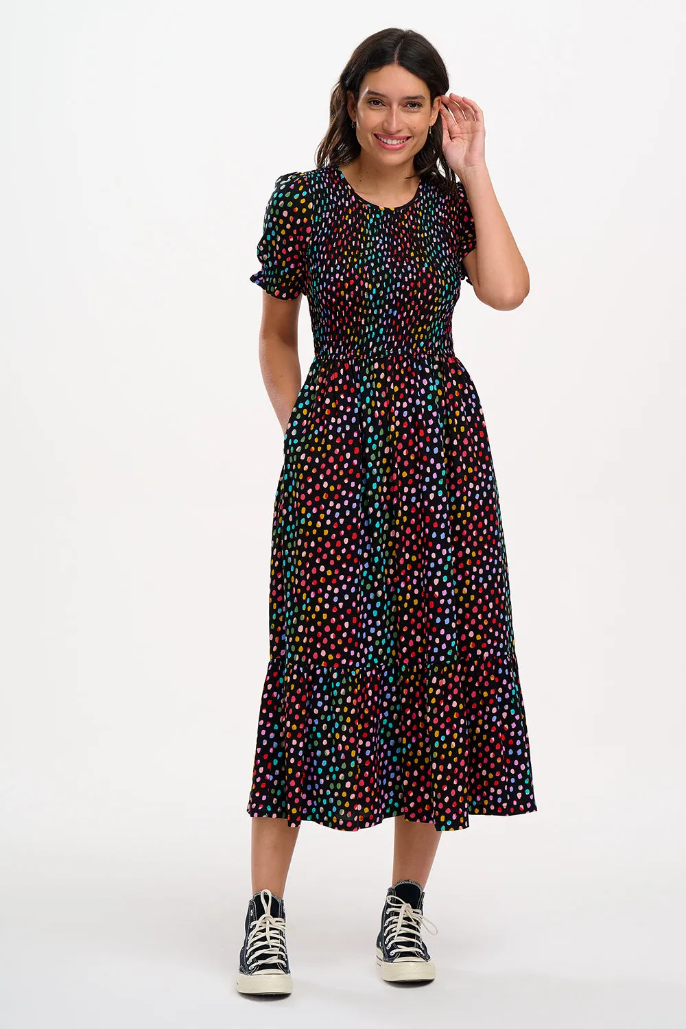 Gemma Midi Shirred Dress - Black, Rainbow Pebbles