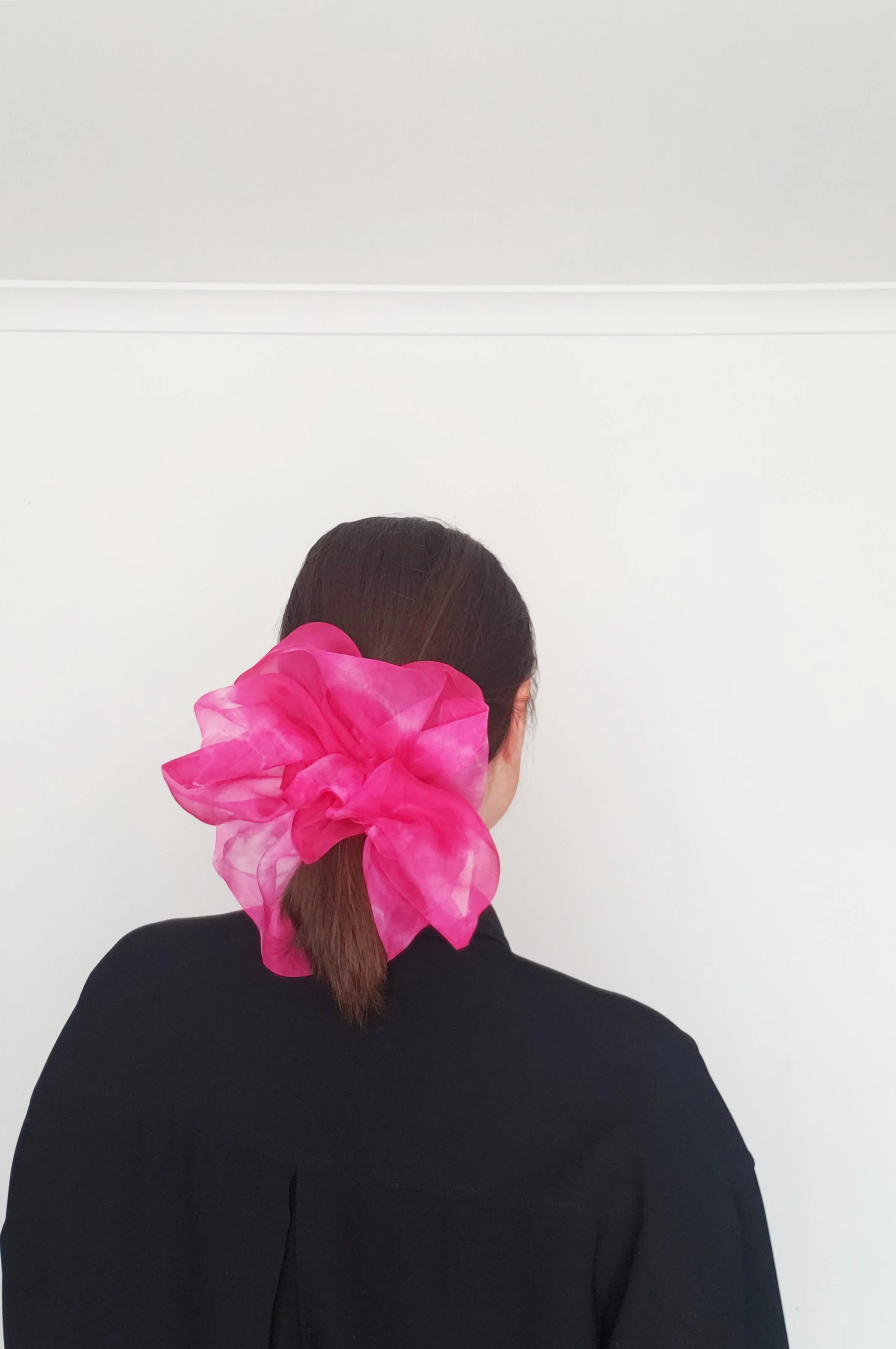 Giga Scrunchie in Tie-Dye Neon Pink Silk Organza