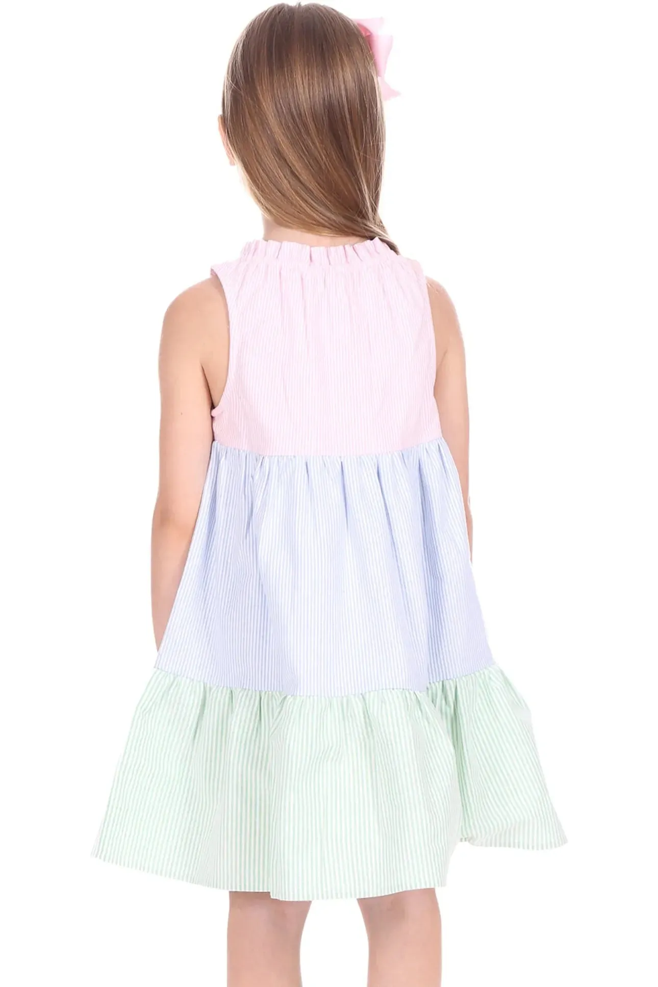 Girls Pink, Green and Blue Tiered Seersucker Dress