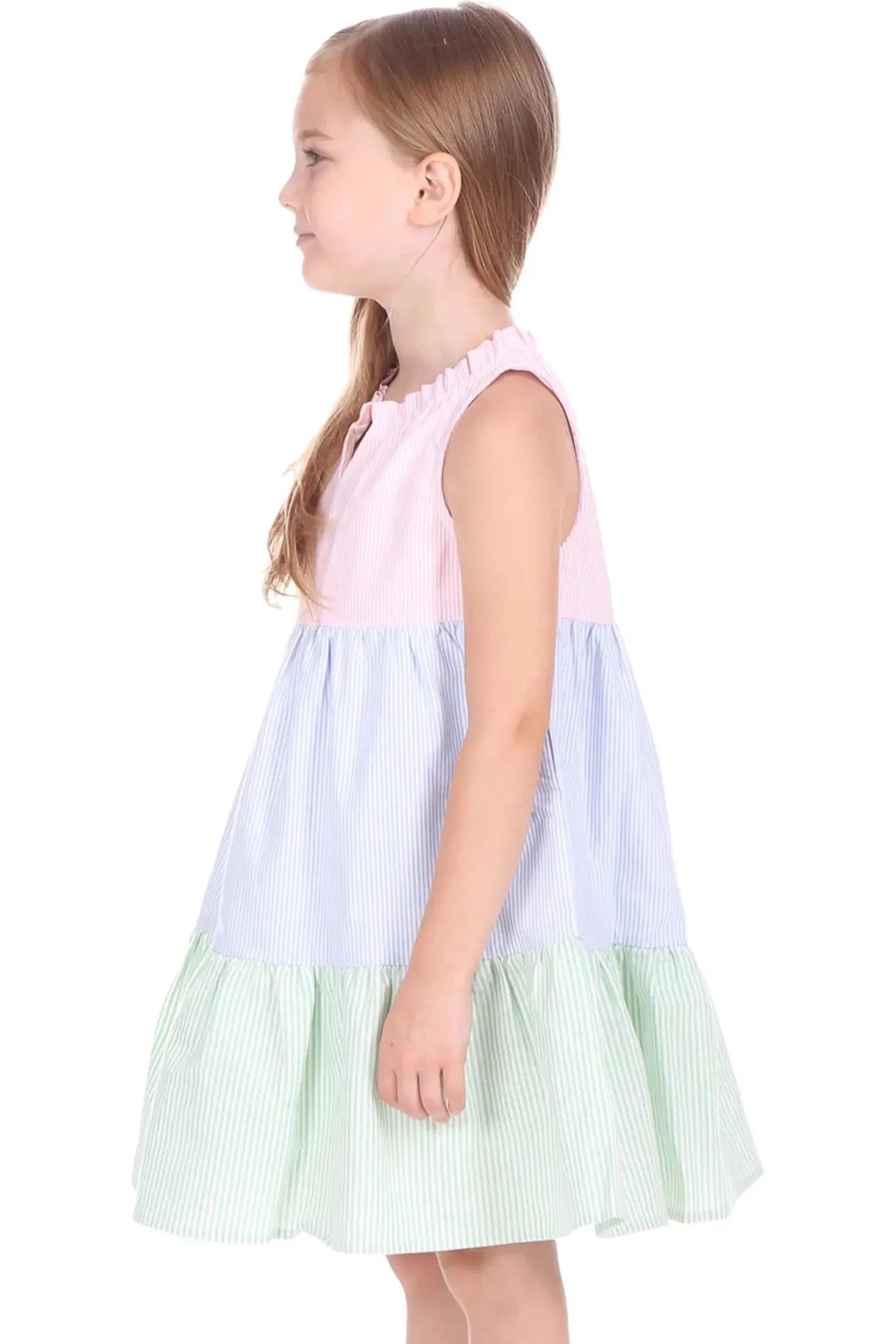 Girls Pink, Green and Blue Tiered Seersucker Dress