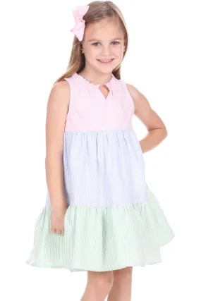 Girls Pink, Green and Blue Tiered Seersucker Dress