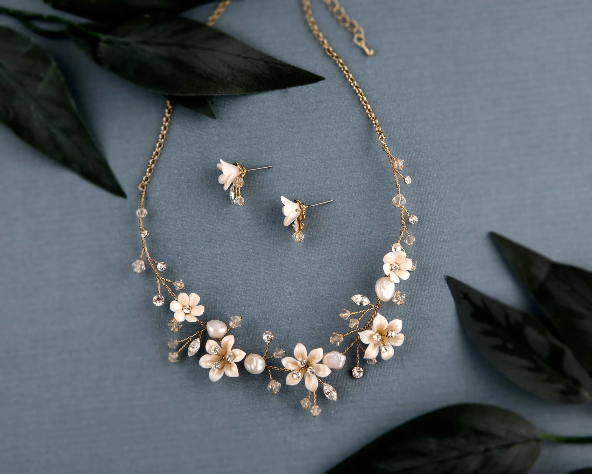 Gold Wedding Necklace Set Porcelain Flowers