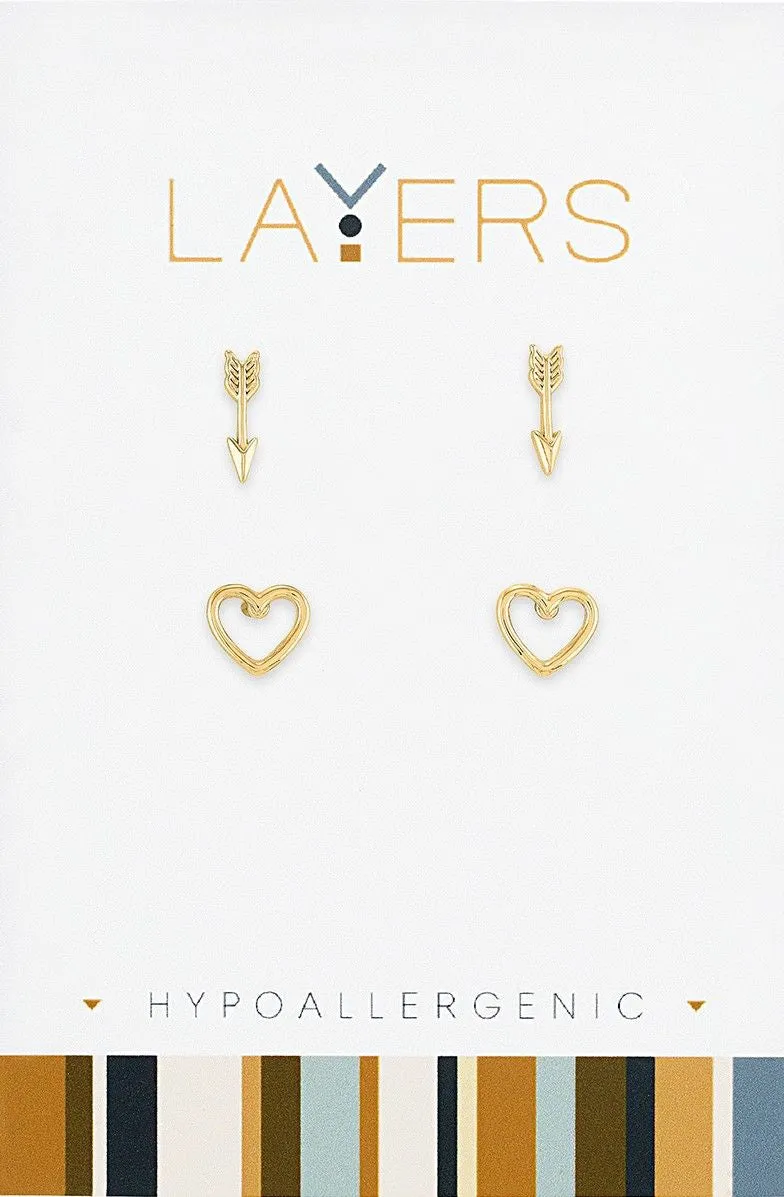 Golden Harmony: Gold Arrow & Open Heart Duo Pair Stud Layers Earring Set - Lead and Nickel-Free, Gold Plated