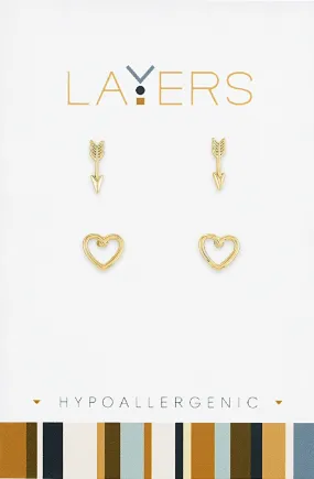 Golden Harmony: Gold Arrow & Open Heart Duo Pair Stud Layers Earring Set - Lead and Nickel-Free, Gold Plated