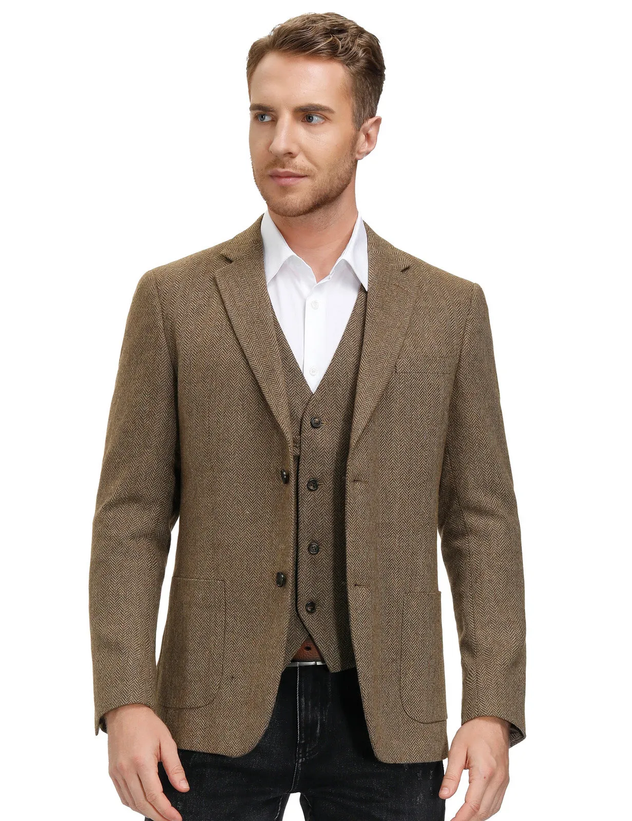 Herringbone Tweed Two Button Blazer British Wool Blend Sport Coat Jacket