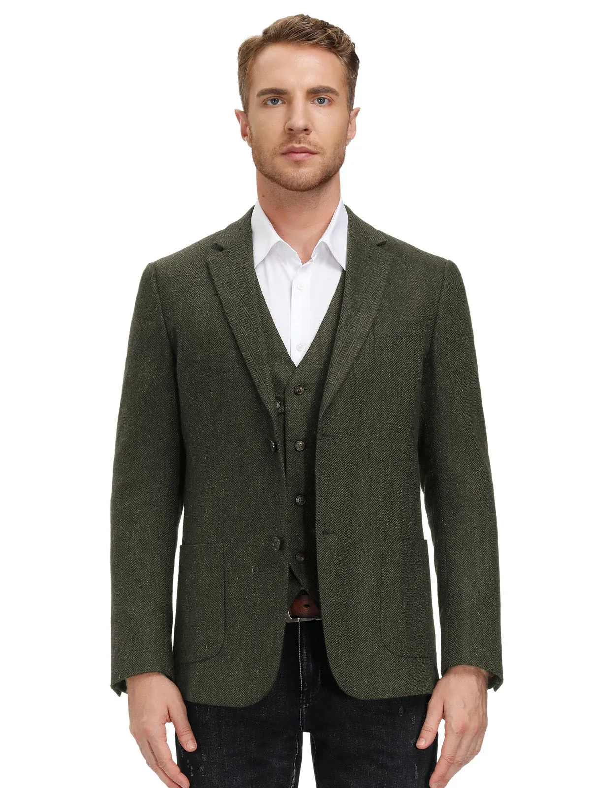 Herringbone Tweed Two Button Blazer British Wool Blend Sport Coat Jacket