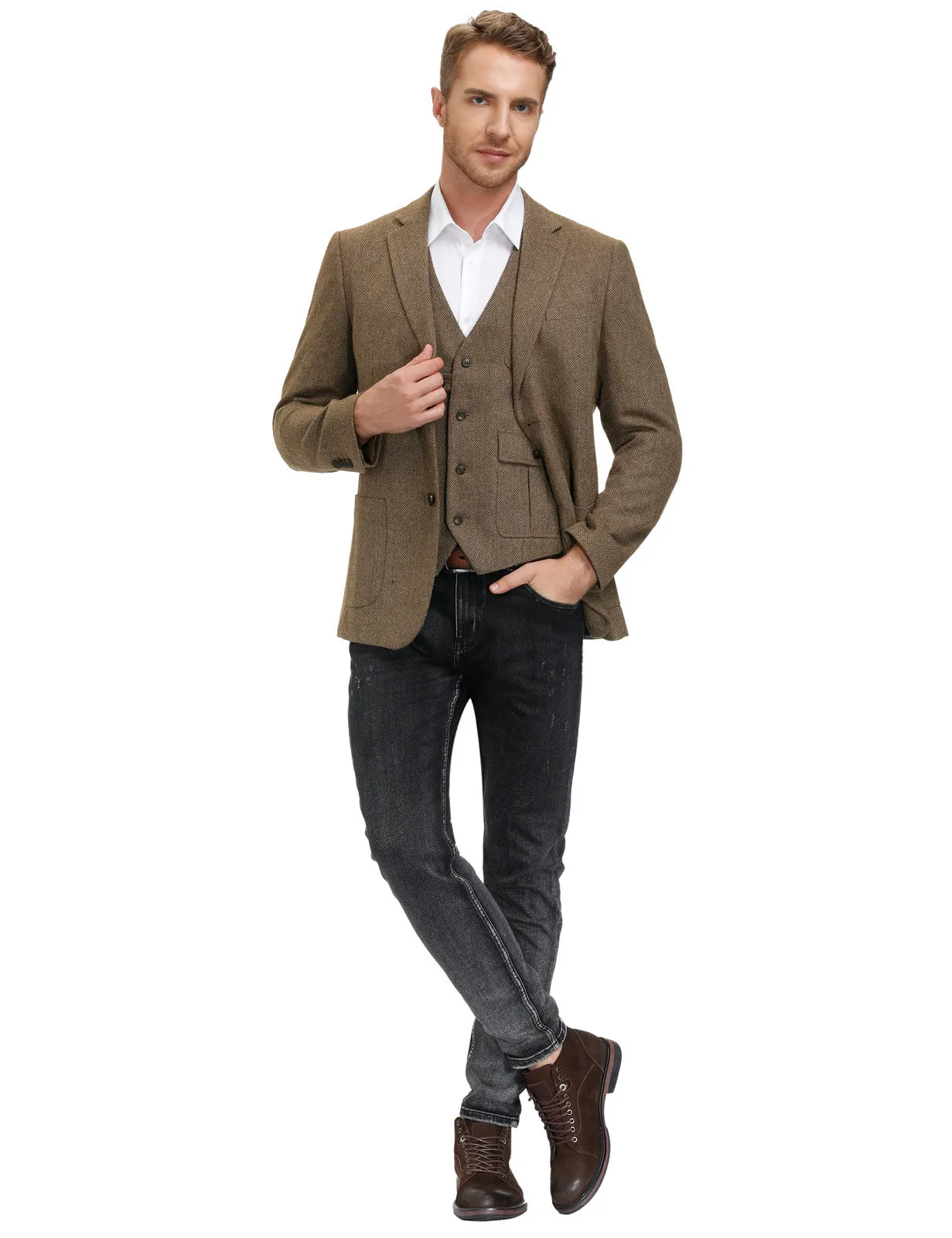 Herringbone Tweed Two Button Blazer British Wool Blend Sport Coat Jacket