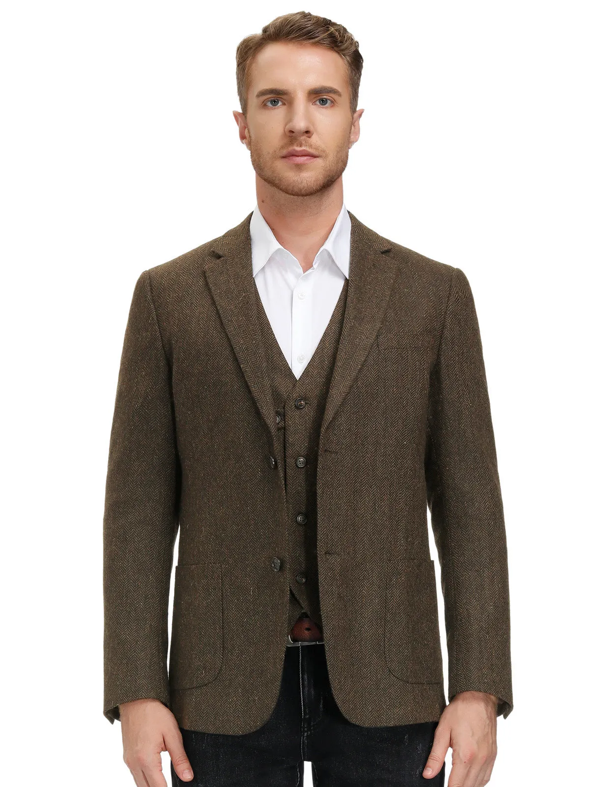 Herringbone Tweed Two Button Blazer British Wool Blend Sport Coat Jacket