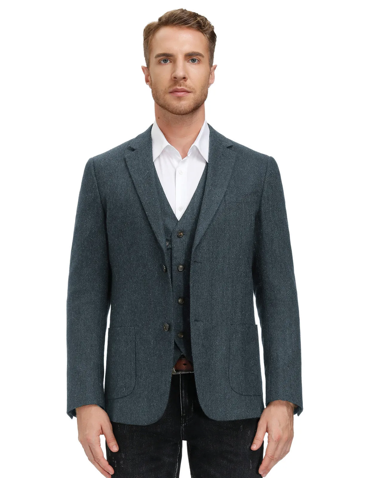 Herringbone Tweed Two Button Blazer British Wool Blend Sport Coat Jacket