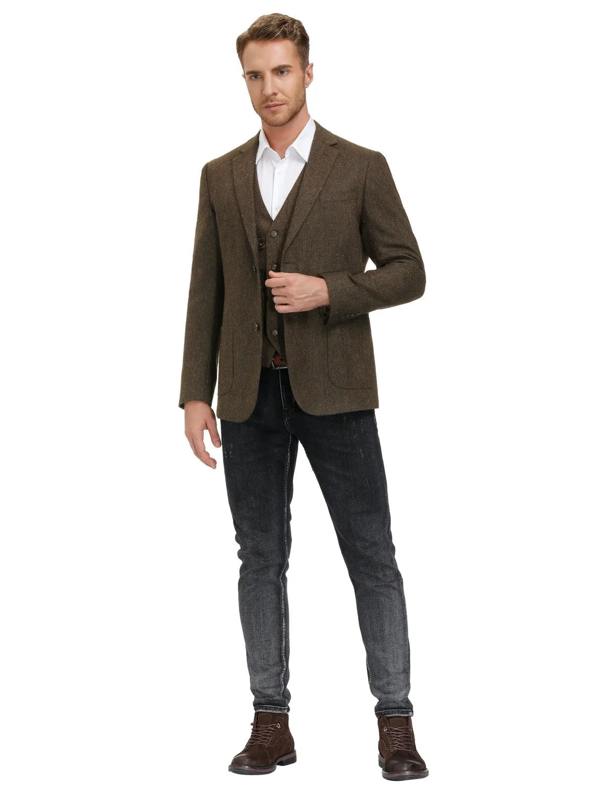 Herringbone Tweed Two Button Blazer British Wool Blend Sport Coat Jacket