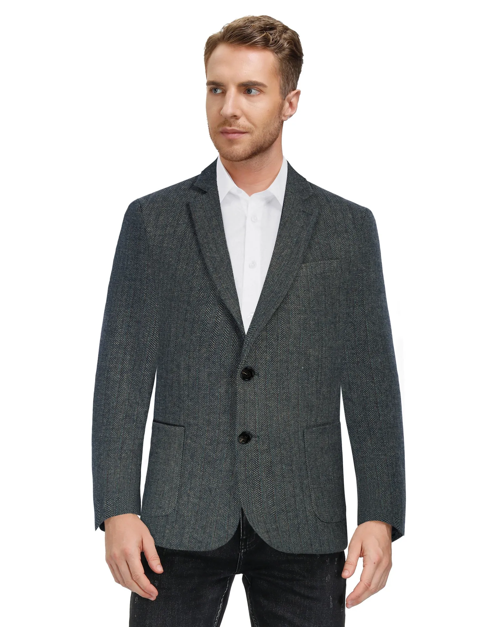 Herringbone Tweed Two Button Blazer British Wool Blend Sport Coat Jacket