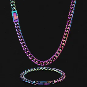 KRKC 8mm Rainbow Mens Miami Cuban Link Chain and Bracelet Set