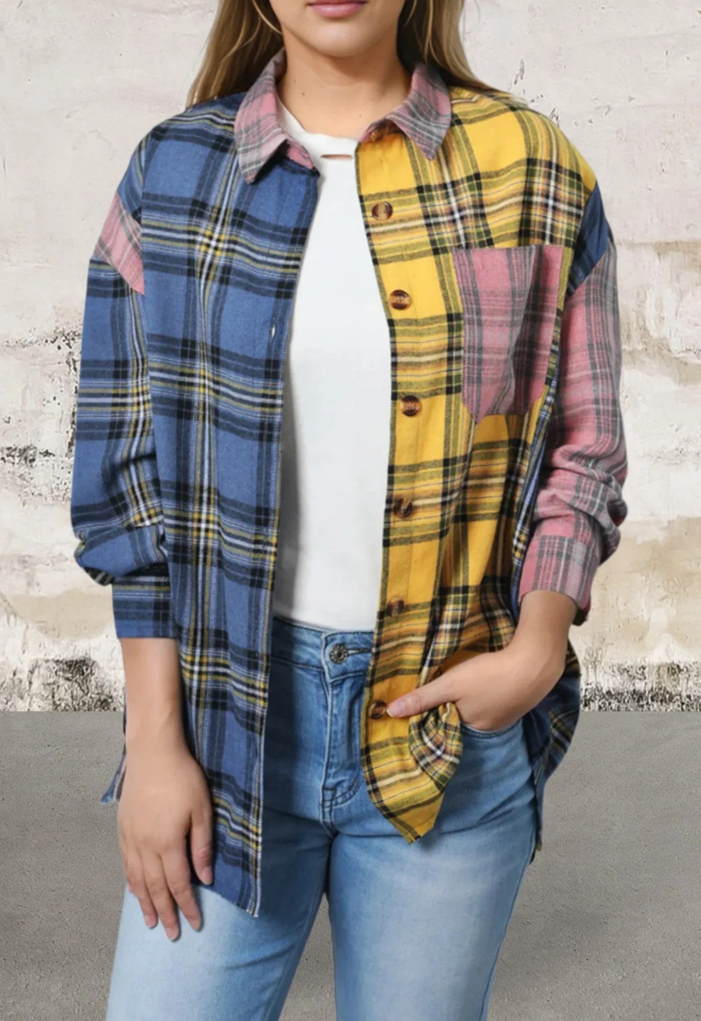 Long Sleeve Multicolor Plaid Patchwork Shirt