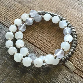 Love and Abundance, Moonstone and Cloudy Quartz 27 Bead Wrist Mala Bracelet