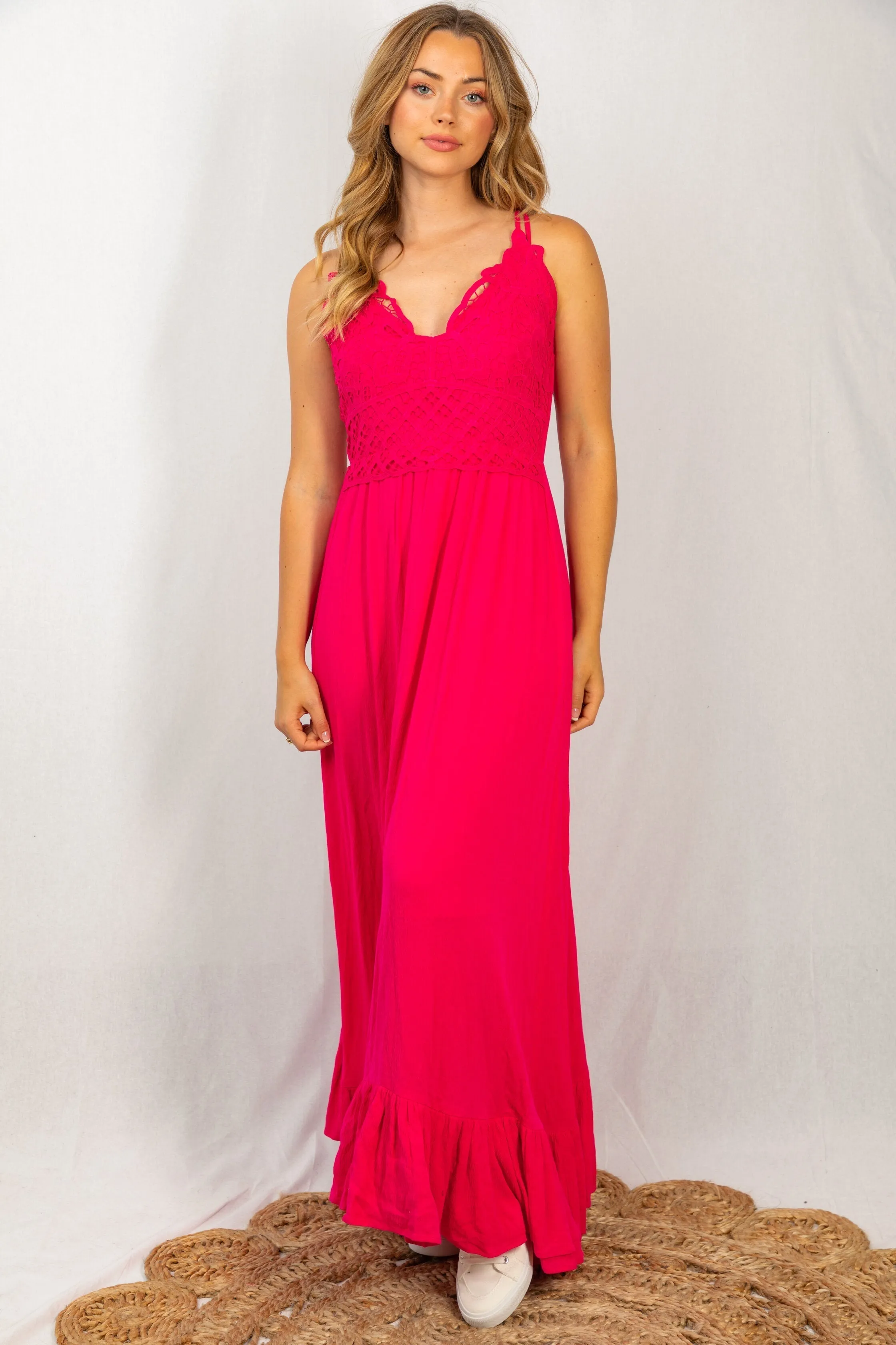 #M350 XOXO Oh A Whim Crochet Maxi Dress (Fuchsia)