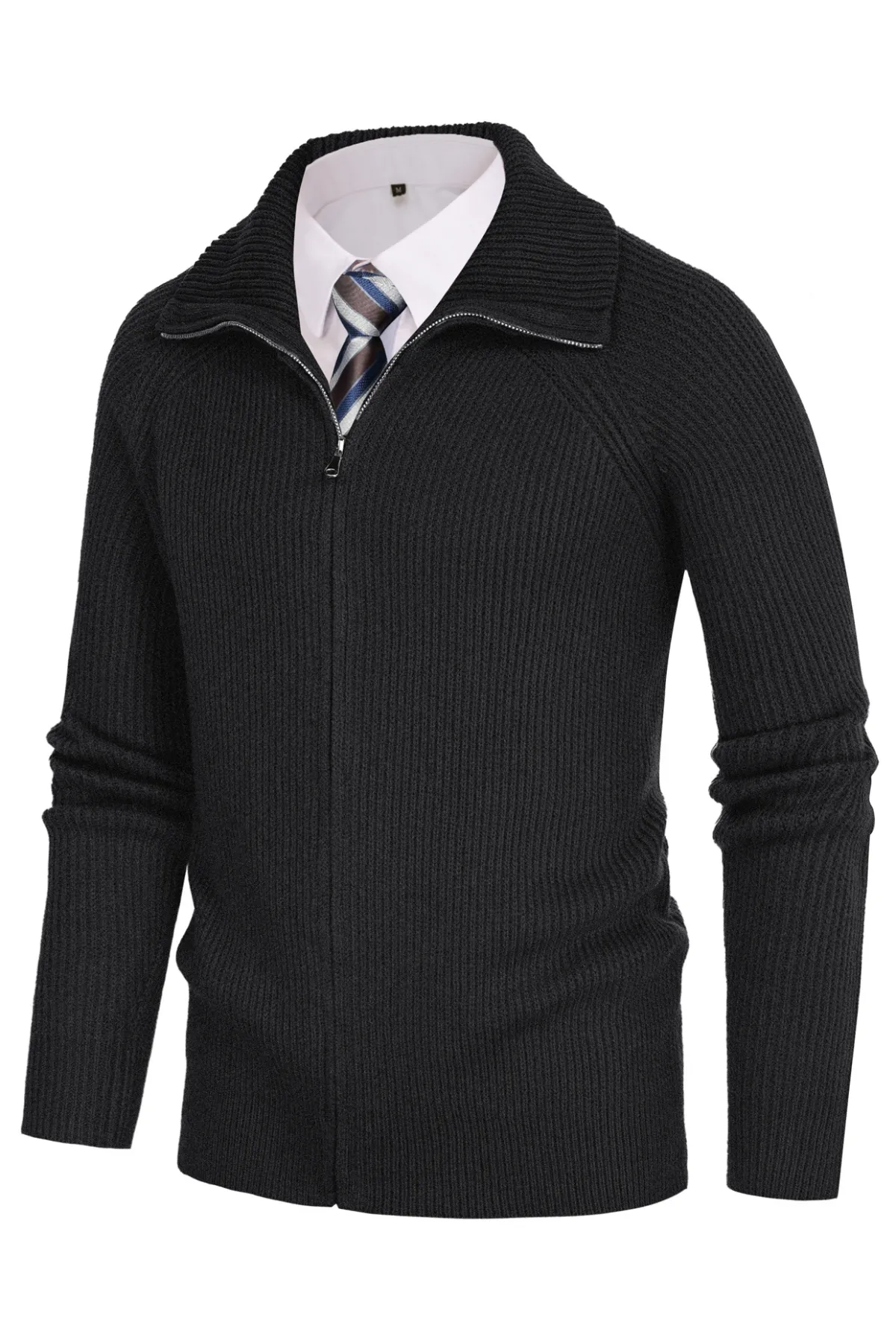 Men's Full Zip Cardigan Sweaters Unisex Lapel Collar Raglan Long Sleeve Casual Ribbed Sweater