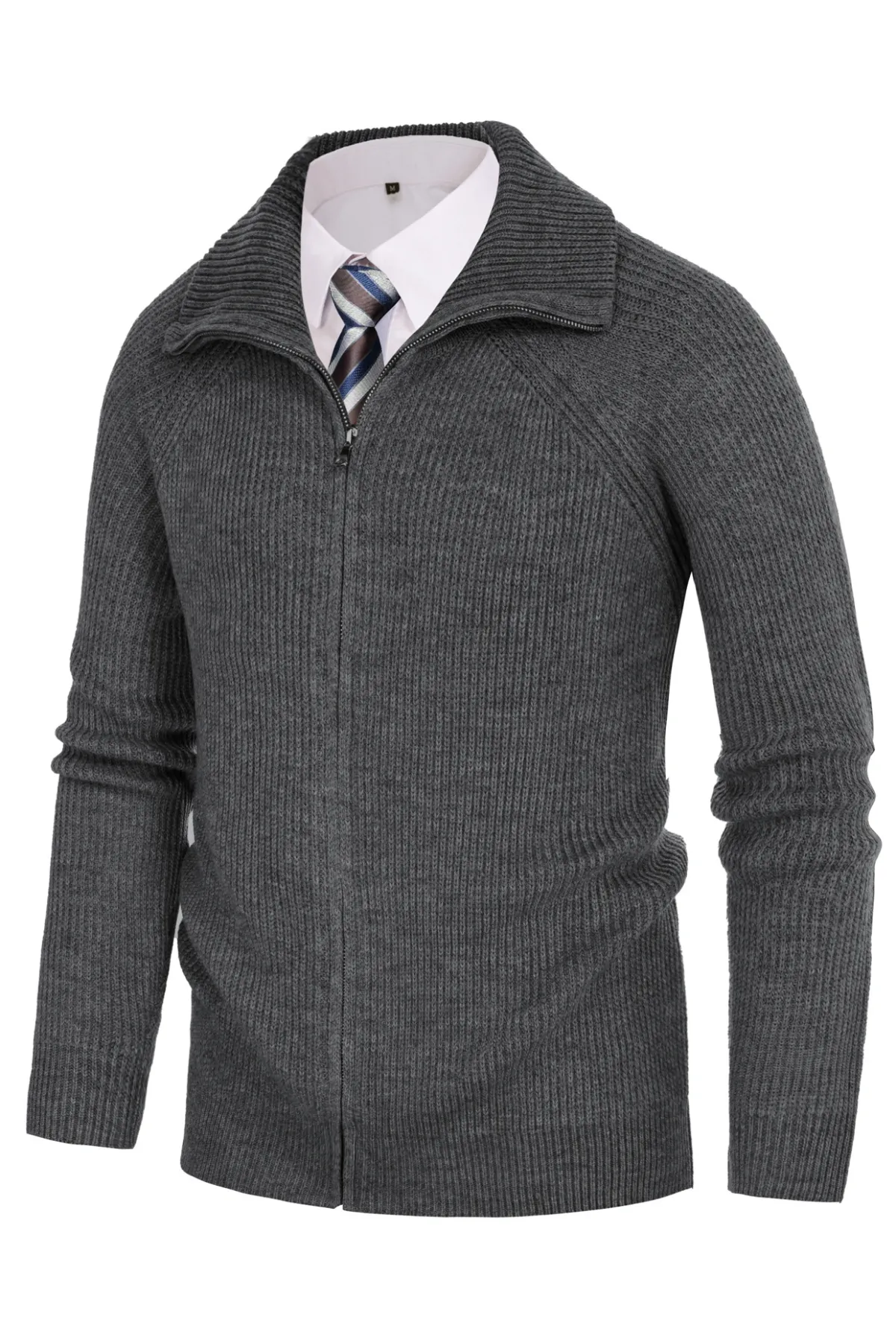 Men's Full Zip Cardigan Sweaters Unisex Lapel Collar Raglan Long Sleeve Casual Ribbed Sweater