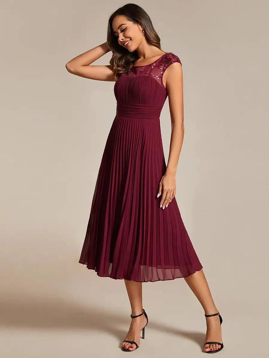 Midi Length Cap Sleeve Pleated Elegant Evening Dress