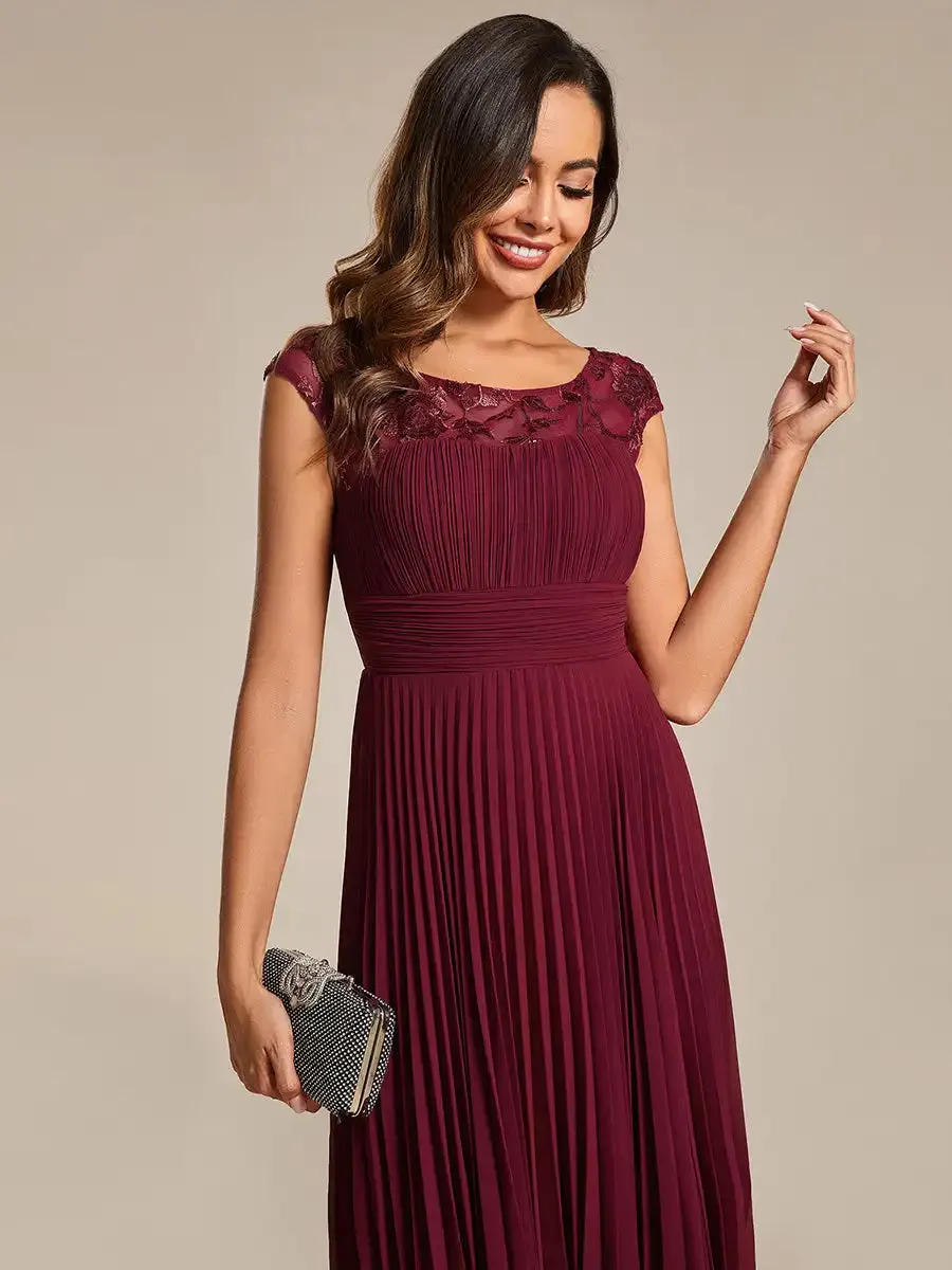 Midi Length Cap Sleeve Pleated Elegant Evening Dress