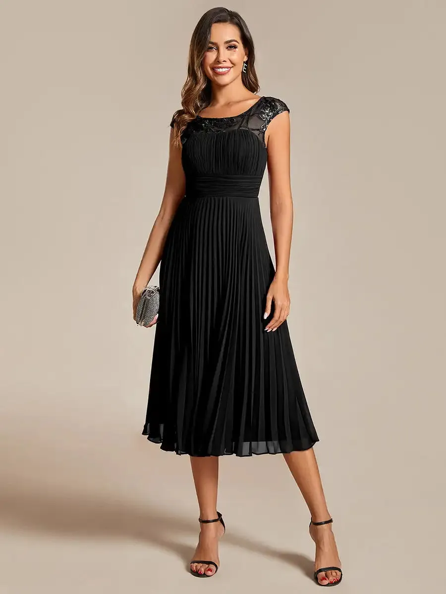 Midi Length Cap Sleeve Pleated Elegant Evening Dress