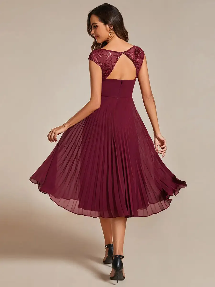 Midi Length Cap Sleeve Pleated Elegant Evening Dress