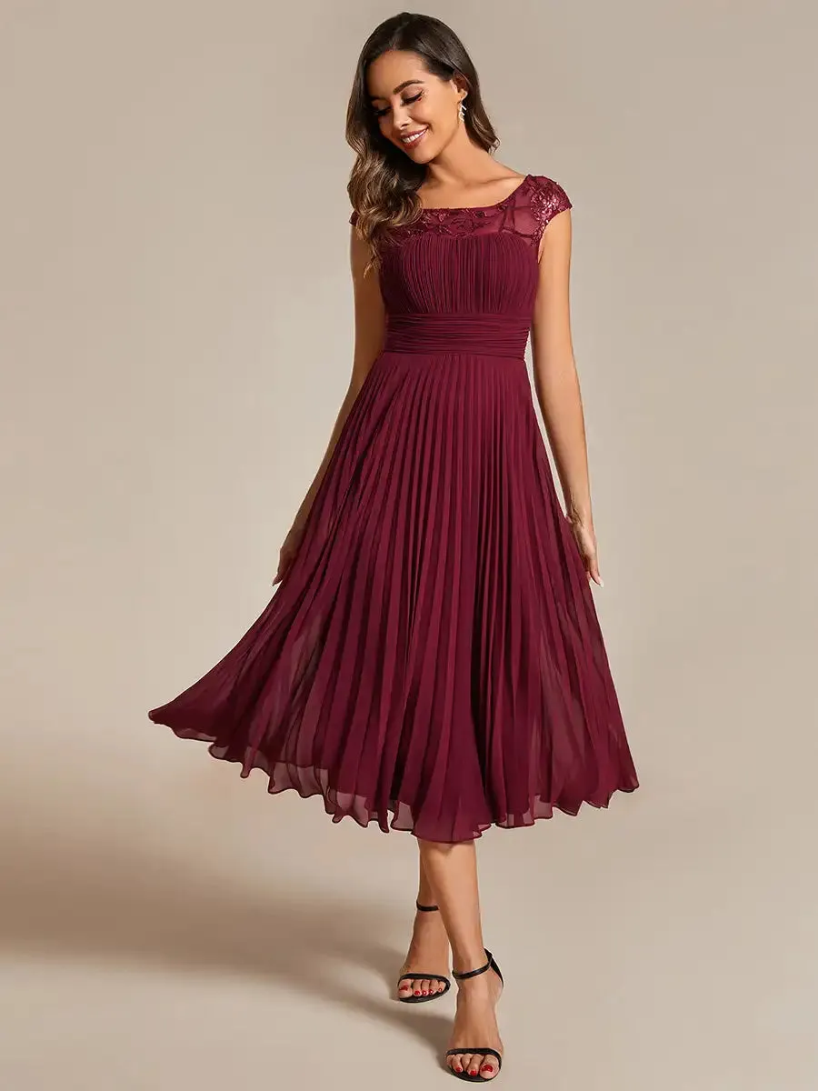 Midi Length Cap Sleeve Pleated Elegant Evening Dress