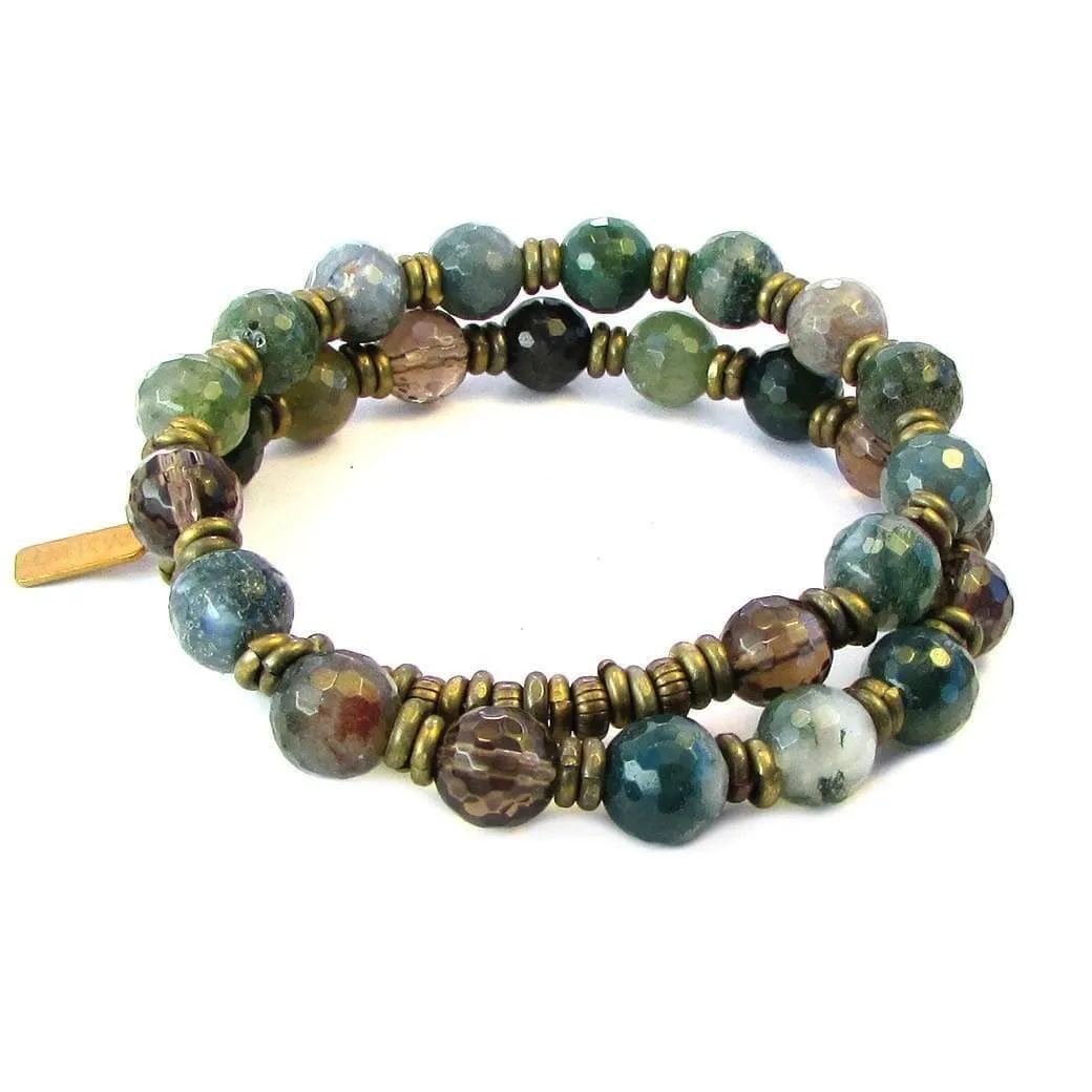 Moss Agate and Smoky Quartz 27 Bead Mala Bracelet