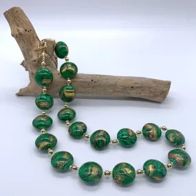 Necklace with byzantine green and gold Murano glass medium lentil beads on gold