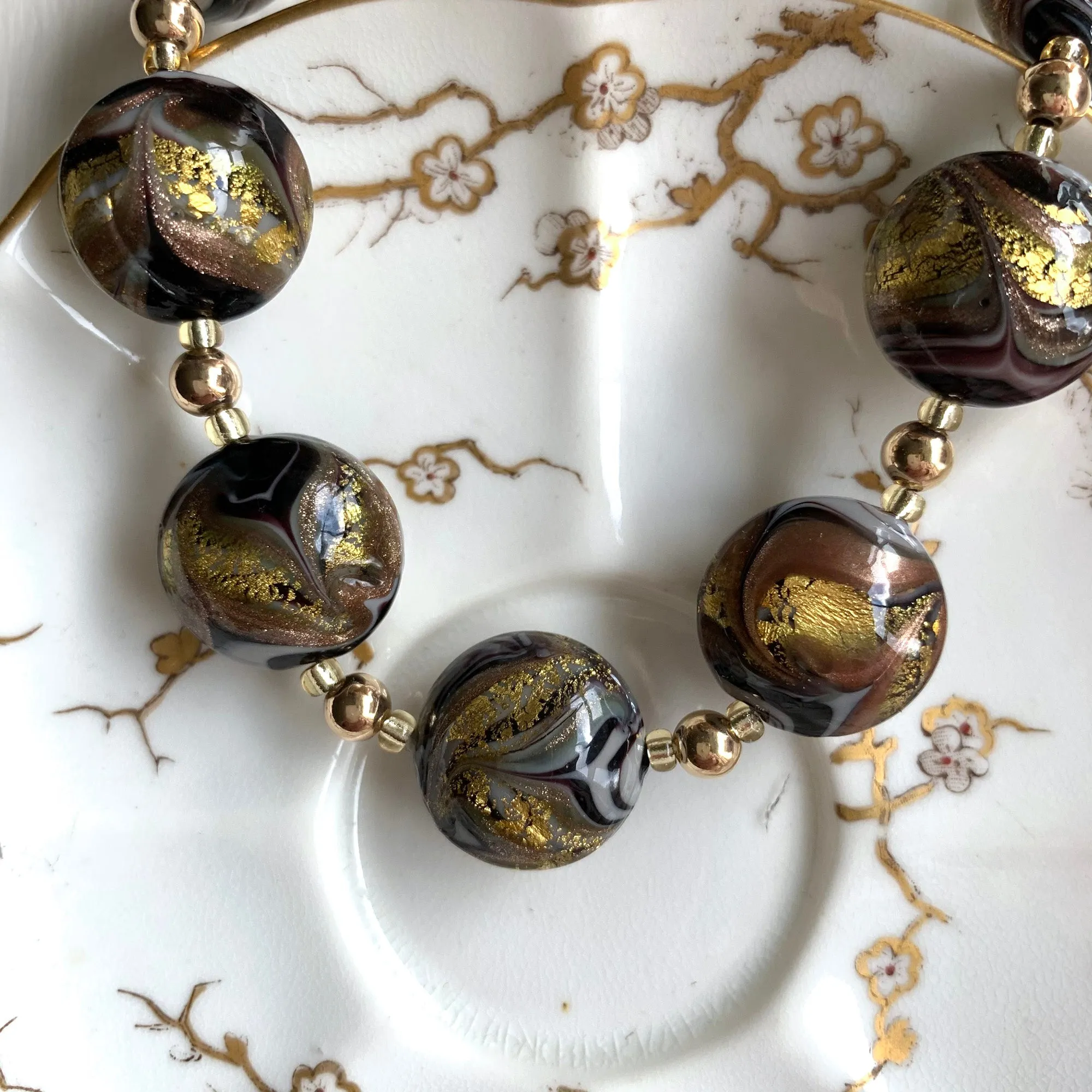 Necklace with byzantine grey and gold Murano glass medium lentil beads on gold