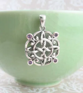 Ornate Witch's Knot Pendant with Amethyst Crystals