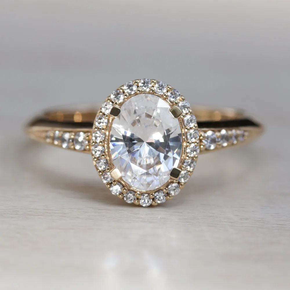 Oval Cut Halo Engagement Ring with Knife-Edge Band