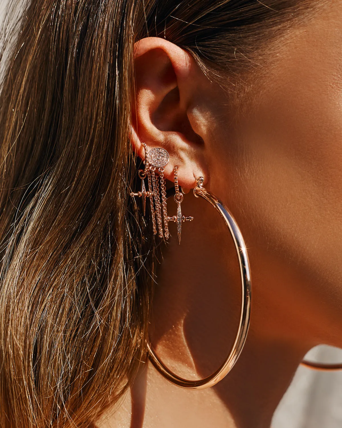 Pave Mini Cross Hoops- Rose Gold