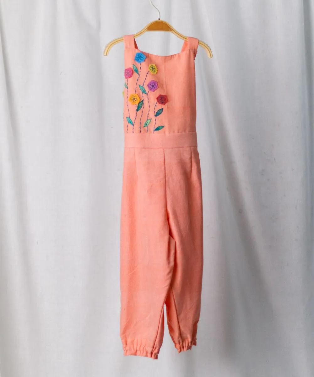 Peach floral hand embroiered cotton dress