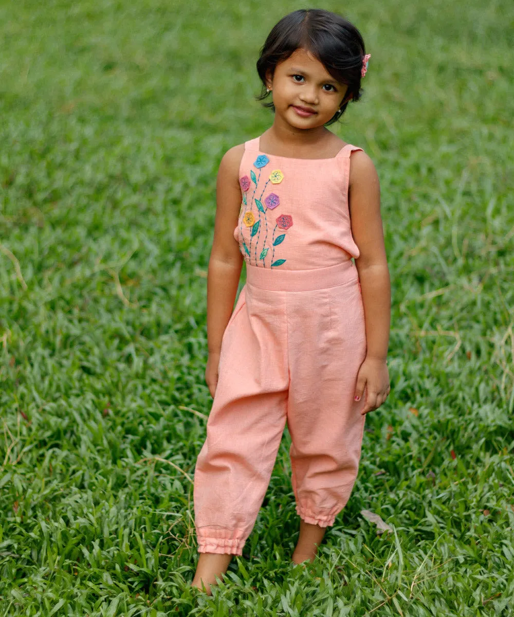 Peach floral hand embroiered cotton dress