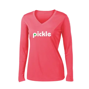 Pickle (Customizable) | Women's Long Sleeve V-Neck Pickleball Shirts | 100% Polyester