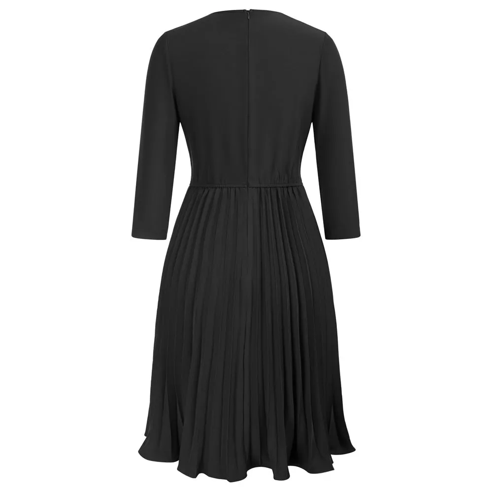 Pleated Dress 3/4 Sleeve Lapel Collar V-Neck Defined Waist A-Line Dress