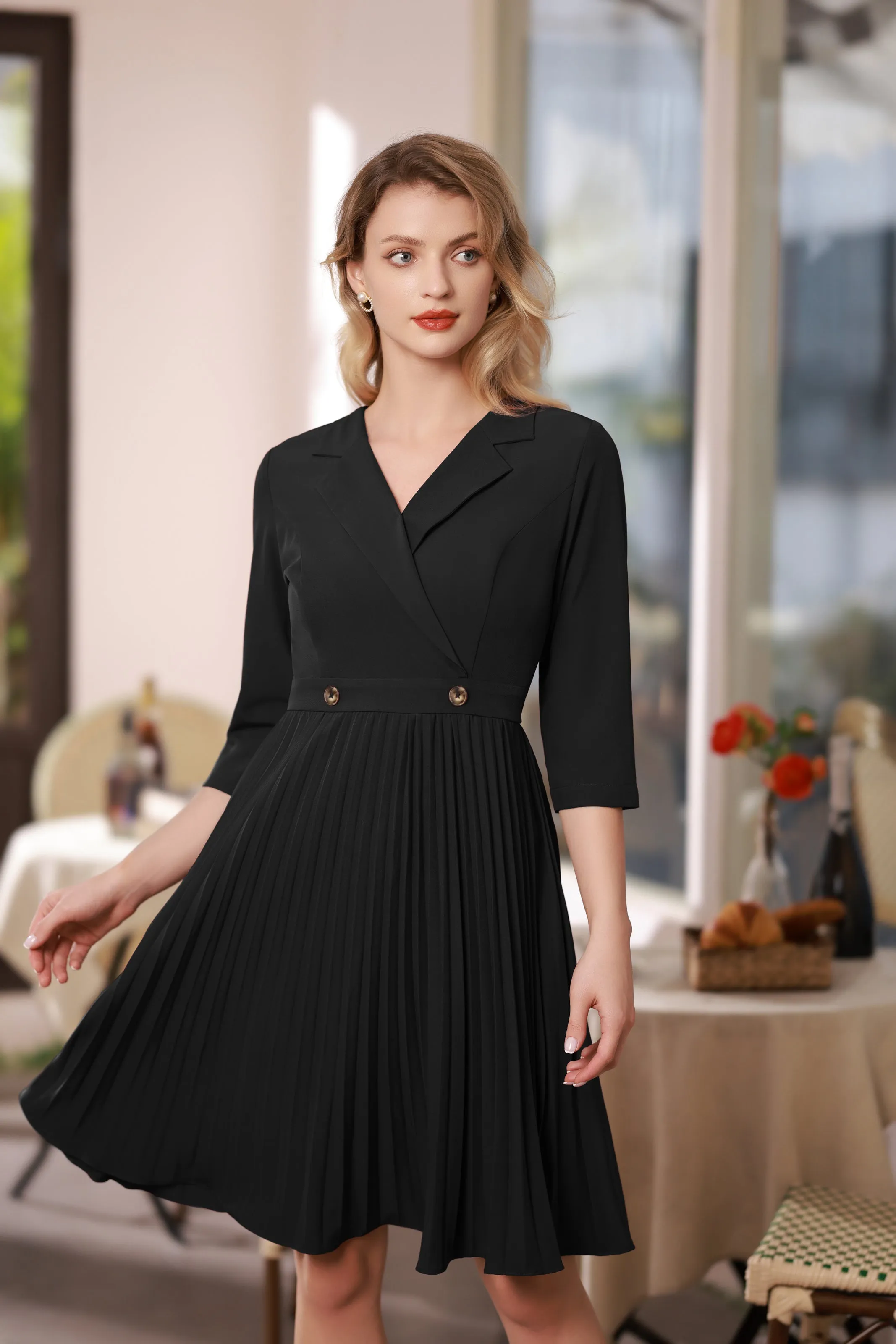 Pleated Dress 3/4 Sleeve Lapel Collar V-Neck Defined Waist A-Line Dress