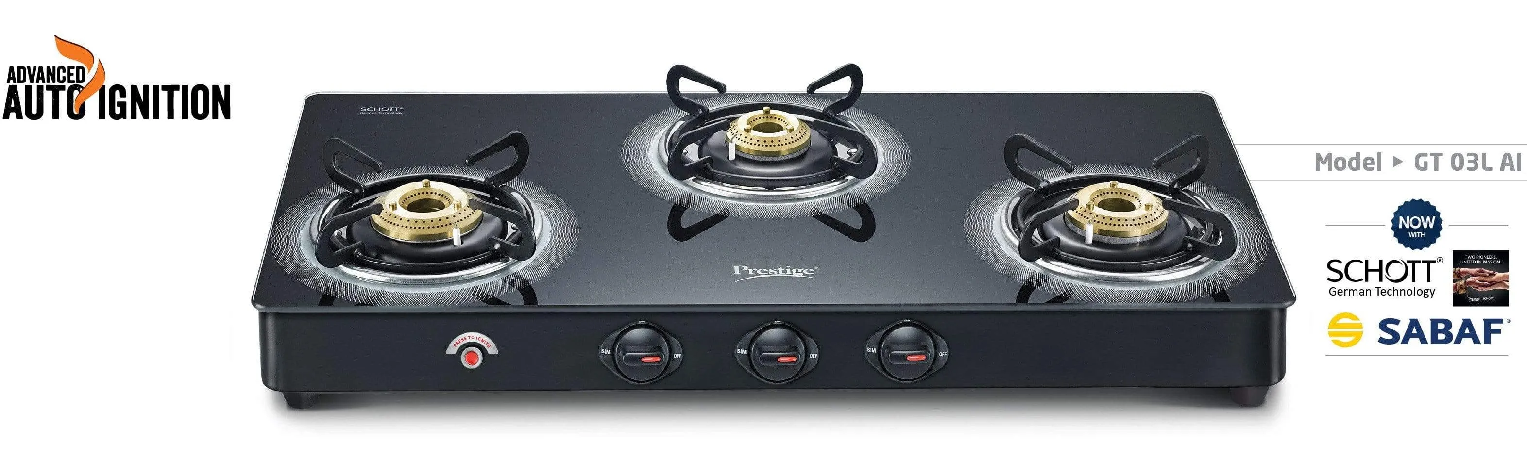 Prestige Royale Plus Schott Glass 3 Burner Gas Stove, Auto Ignition