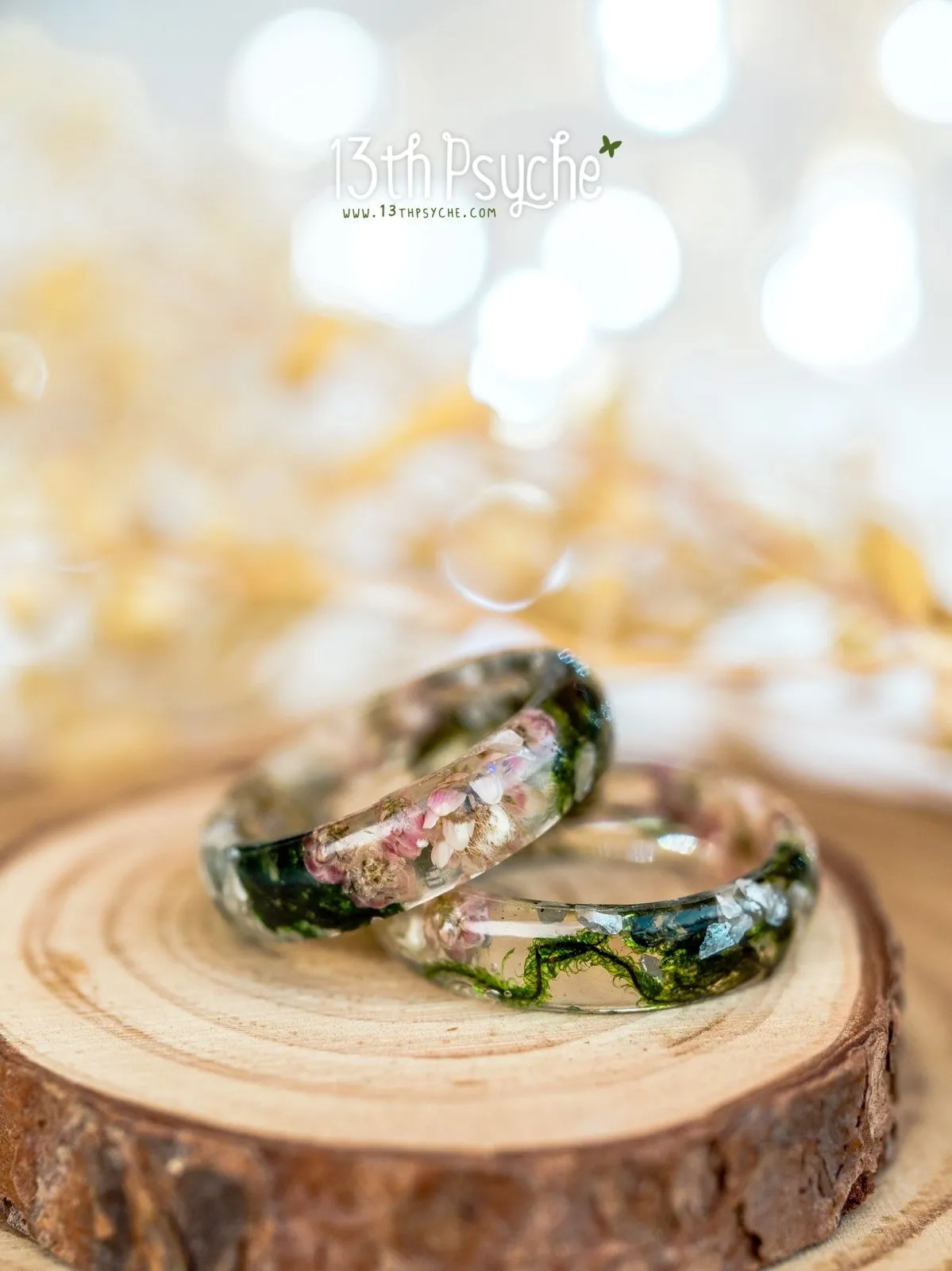 Real moss, Ozothamnus flowers and moonstone resin ring