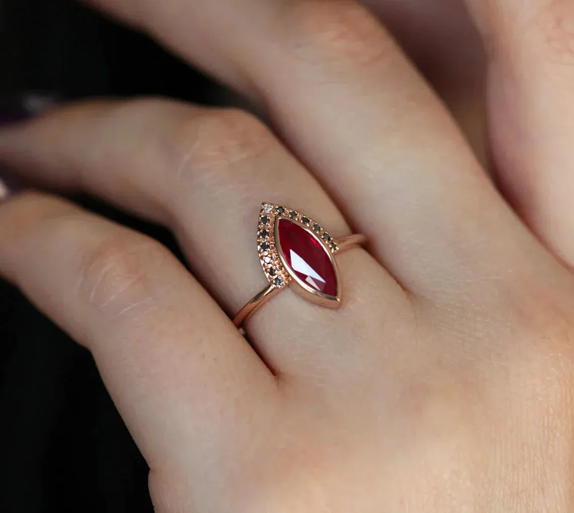 Regina Natural Ruby Ring Set, Ruby Engagement Ring With Black Diamonds, One Carat Engagement Ring