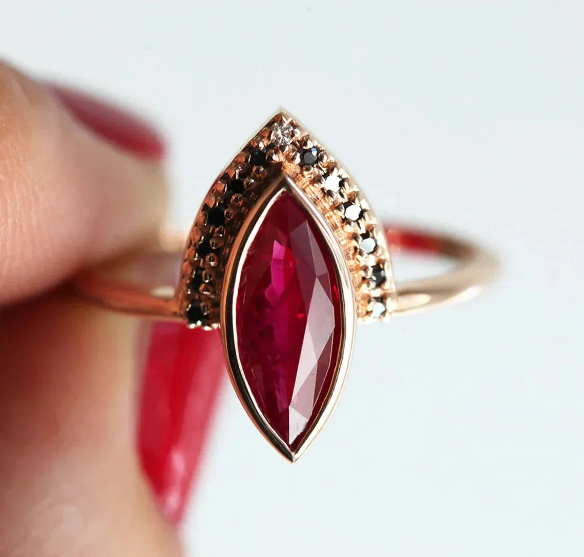 Regina Natural Ruby Ring Set, Ruby Engagement Ring With Black Diamonds, One Carat Engagement Ring