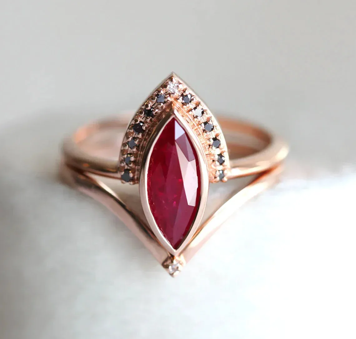 Regina Natural Ruby Ring Set, Ruby Engagement Ring With Black Diamonds, One Carat Engagement Ring