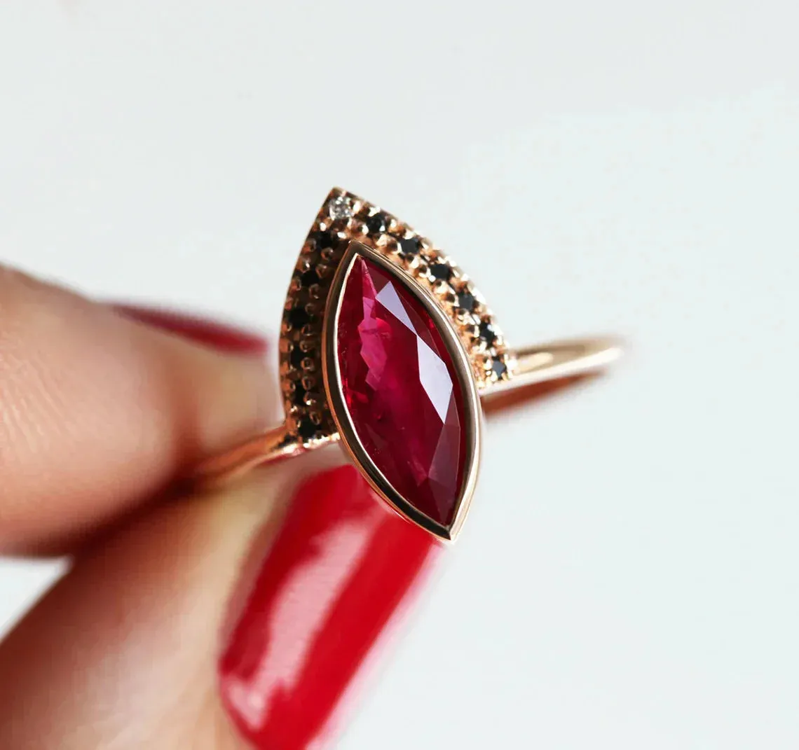 Regina Natural Ruby Ring Set, Ruby Engagement Ring With Black Diamonds, One Carat Engagement Ring