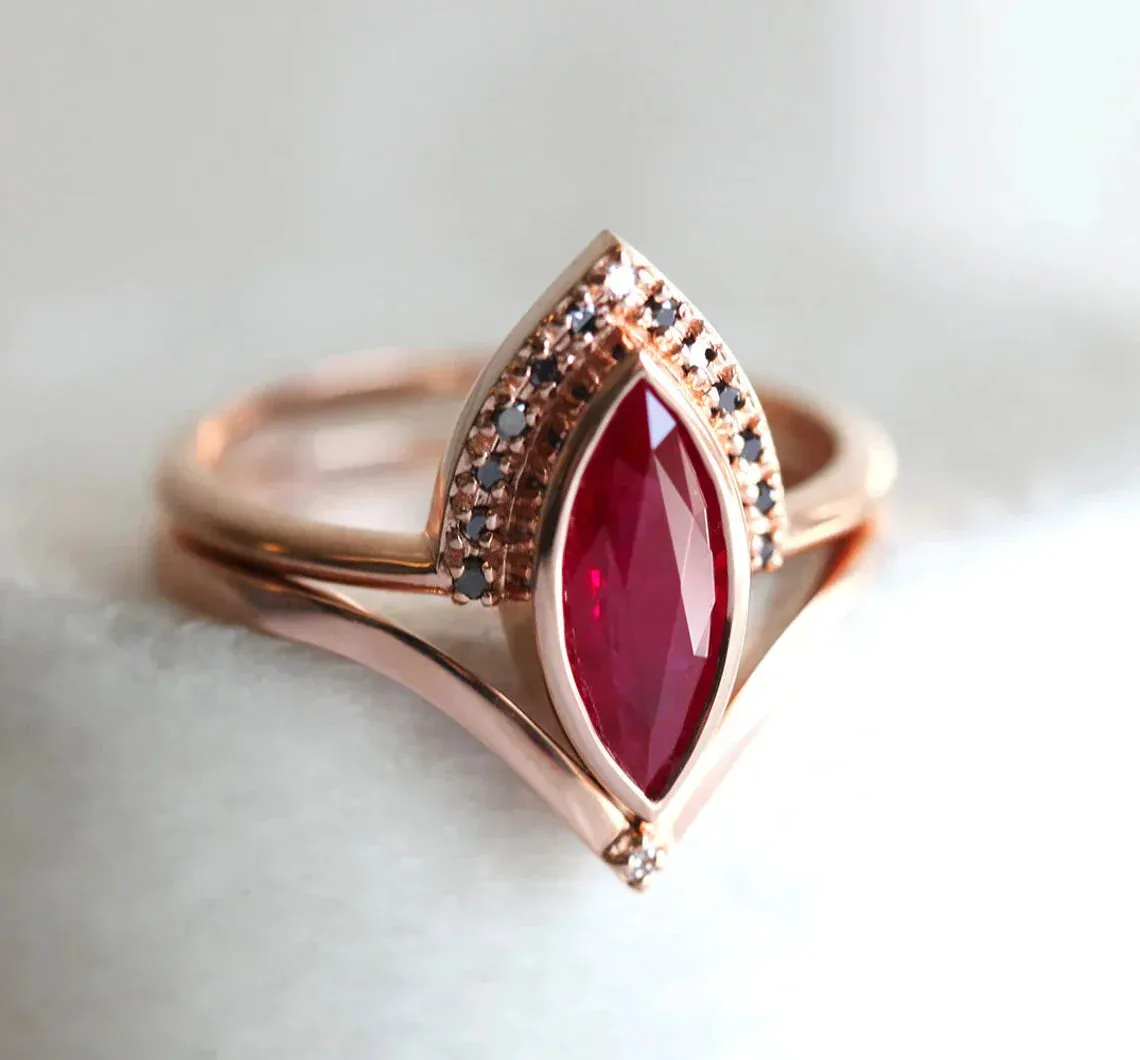 Regina Natural Ruby Ring Set, Ruby Engagement Ring With Black Diamonds, One Carat Engagement Ring