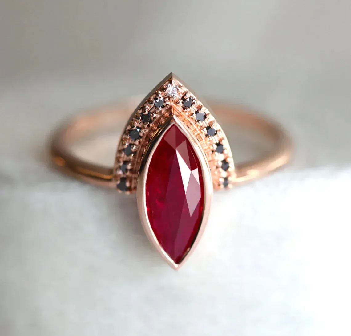 Regina Natural Ruby Ring Set, Ruby Engagement Ring With Black Diamonds, One Carat Engagement Ring