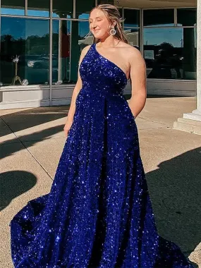 Royal Blue A-Line One Shoulder Sleeveless Long Sweep Train Velvet Sequin Prom Dress (AF1060)