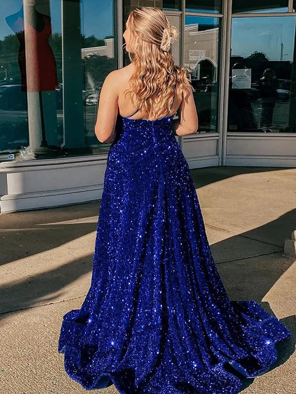 Royal Blue A-Line One Shoulder Sleeveless Long Sweep Train Velvet Sequin Prom Dress (AF1060)